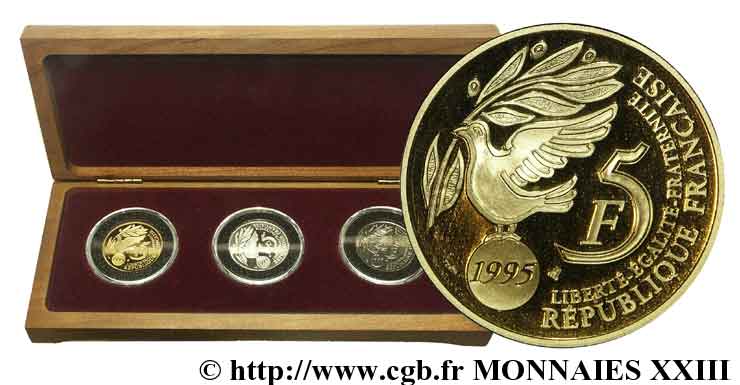 Coffret privé des trois 5 francs cinquantenaire de l’ONU, frappe normale et commémoratives BE or et argent 1995 Pessac F./ ST 