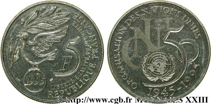 5 francs cinquantenaire de l’ONU 1995 Pessac F.345/1 AU 