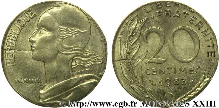 20 centimes Marianne, frappe fautée sur flan de 10 centimes Marianne 1983 Pessac F.156/23 var. MS 
