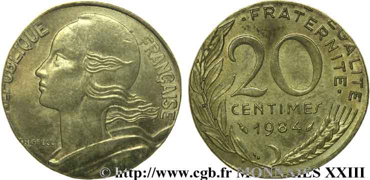 20 centimes Marianne, frappe fautée sur flan de 10 centimes Marianne 1984 Pessac F.156/24 var. SPL 