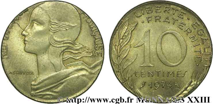 Frappe fautée de 10 centimes Marianne sur flan de 5 centimes Marianne 1974 Pessac F.144/14 var. MS 