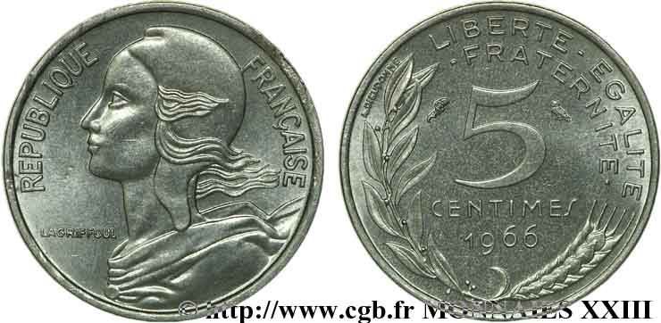 Pré-série sans le mot ESSAI de 5 centimes Marianne, sur flan en acier 1966 Paris G.175  MS 