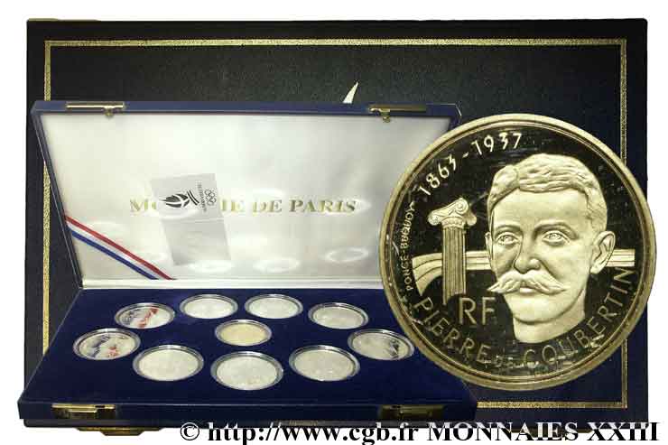 Coffret de neuf pièces de 100 francs BE Jeux Olympiques d hiver d Albertville, et une 500 francs or BE Pierre de Coubertin n.d. Pessac  ST 