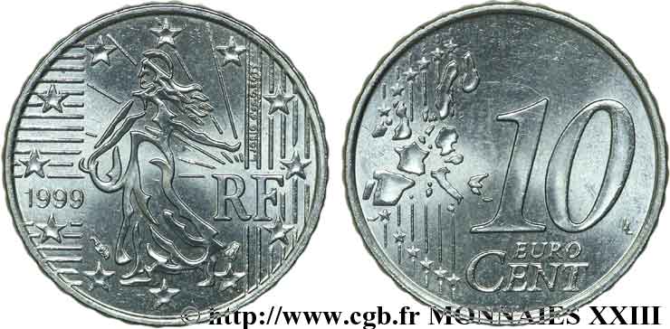 BANQUE CENTRALE EUROPEENNE 10 centimes d’euro, frappe sur flan blanc 1999 SPL
