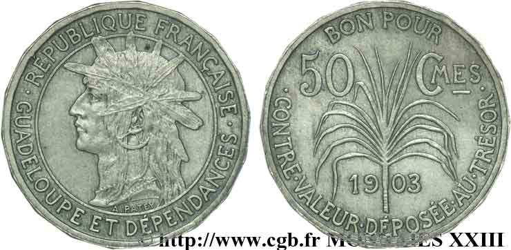GUADELOUPE Essai 18 pans de 50 centimes en vieil argent 1903 Paris VZ 