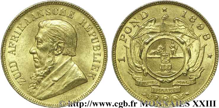 AFRIQUE DU SUD - RÉPUBLIQUE - PRÉSIDENT KRUGER 1 pond (pound ou livre) 1898  XF 