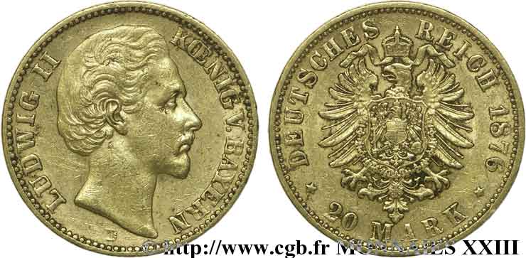 GERMANY - KINGDOM OF BAVARIA - LUDWIG II 20 marks or, 2e type 1876  Münich XF 