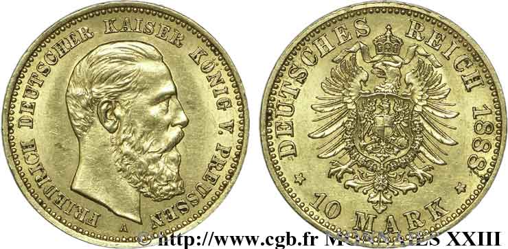 ALLEMAGNE - ROYAUME DE PRUSSE - FRÉDÉRIC III 10 marks or 1888 Berlin EBC 