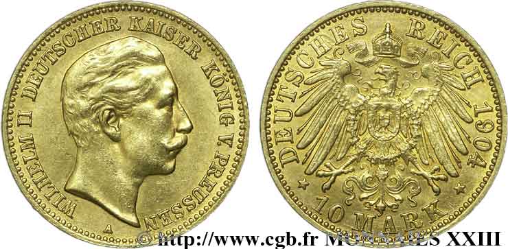 GERMANIA - REGNO DI PRUSSIA - GUGLIELMO II 10 marks or, 2e type 1904 Berlin BB 