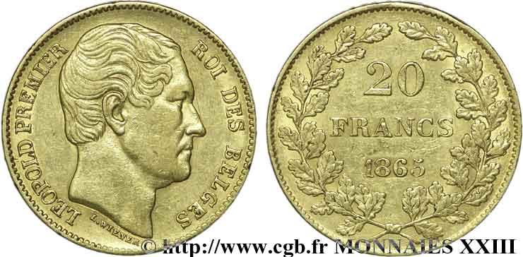 BELGIUM - KINGDOM OF BELGIUM - LEOPOLD I 20 francs or, tête nue 1865 Bruxelles XF 