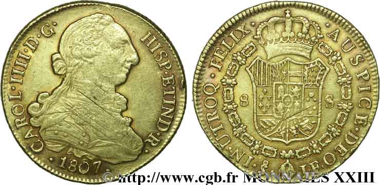 CHILI - CHARLES IV 8 escudos en or 1807 Santiago du Chili BB 
