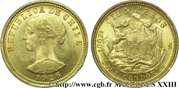CHILI - RÉPUBLIQUE 100 pesos or ou 10 condores en or, 1er type 1926 Santiago du Chili SUP 