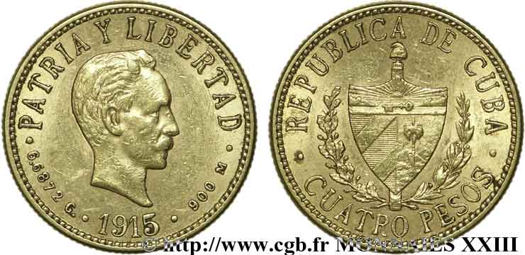 CUBA - RÉPUBLIQUE 4 pesos 1915 Philadelphie XF 