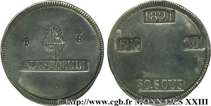 SPAIN - BALEARIC ISLANDS - FERDINAND VII Monnaie obsidionale de 30 sous, écus intervertis 1821 Palma de Mallorque XF 