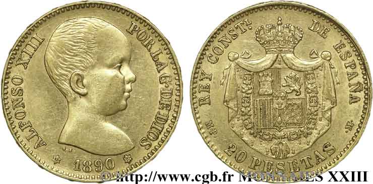 SPAIN - KINGDOM OF SPAIN - ALFONSO XIII 20 pesetas 1890 Madrid XF 