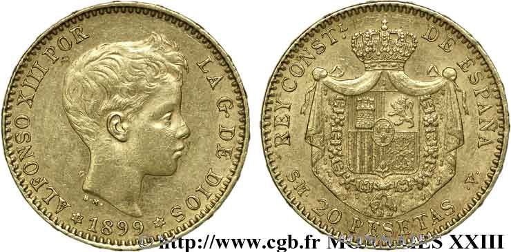 ESPAGNE - ROYAUME D ESPAGNE - ALPHONSE XIII 20 pesetas 1899 Madrid XF 