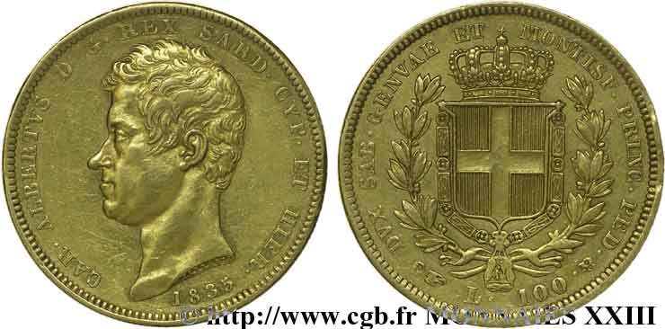 ITALIE - ROYAUME DE SARDAIGNE - CHARLES-ALBERT 100 lires or 1835 Turin TTB 
