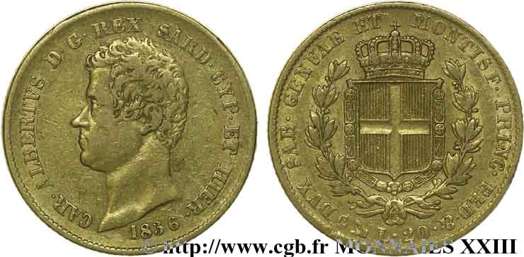 ITALY - KINGDOM OF SARDINIA - CHARLES-ALBERT 20 lires or 1836 Gênes XF 