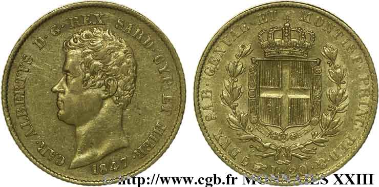ITALY - KINGDOM OF SARDINIA - CHARLES-ALBERT 20 lires or 1847 Turin XF 