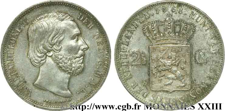 NETHERLANDS - KINGDOM OF THE NETHERLANDS - WILLIAM III 2 1/2 Gulden 1868 Utrecht AU 