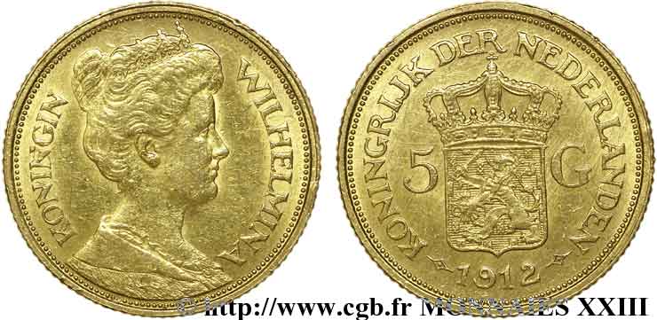 PAYS-BAS - ROYAUME DES PAYS-BAS - WILHELMINE 5 guldens or ou 5 florins 1912 Utrecht XF 