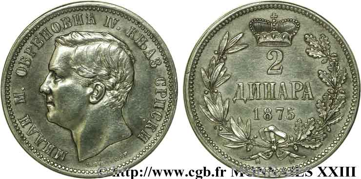 KINGDOM OF SERBIA - MILAN IV OBRENOVIC 2 dinara 1875 Vienne XF 