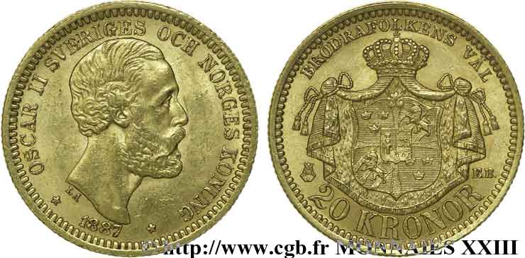 SUÈDE - ROYAUME DE SUÈDE - OSCAR II 20 kronor, 3e type 1887 Stockholm EBC 
