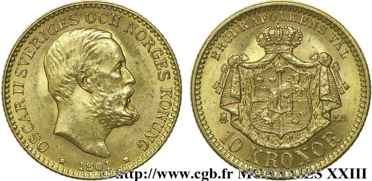 SUÈDE - ROYAUME DE SUÈDE - OSCAR II 10 kronor, 3e type 1901 Stockholm EBC 