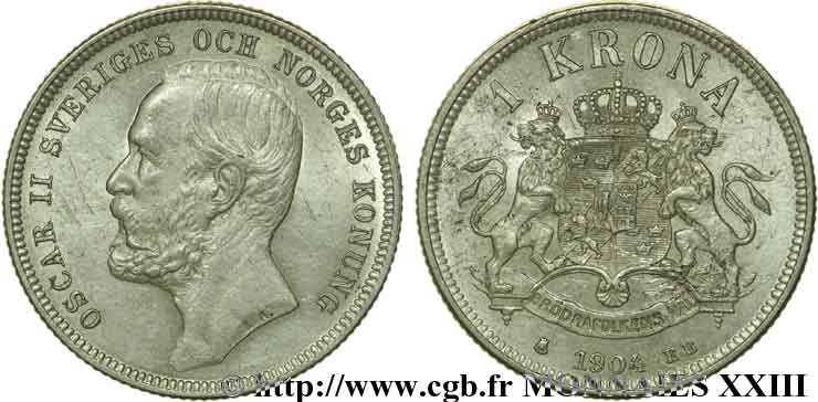 SUÈDE - ROYAUME DE SUÈDE - OSCAR II 1 krona 1904 Stockholm VZ 