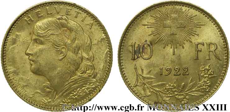 SWITZERLAND - HELVETIC CONFEDERATION 10 Francs or  Vreneli  1922 Berne VZ 