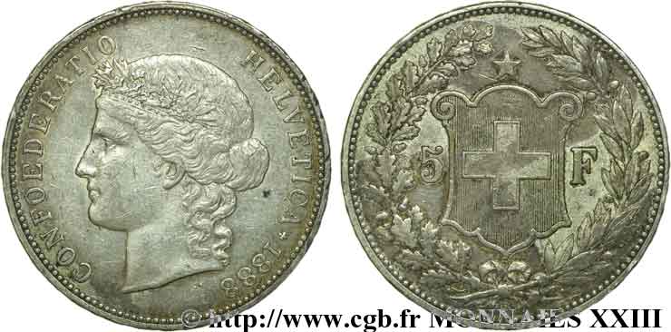 SWITZERLAND - CONFEDERATION OF HELVETIA 5 francs 1888 Berne XF 