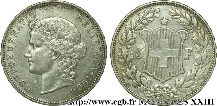 SWITZERLAND - HELVETIC CONFEDERATION 5 francs 1904 Berne XF 