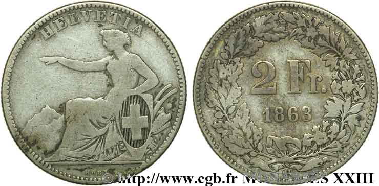 SWITZERLAND - HELVETIC CONFEDERATION 2 francs 1863 Berne VF 