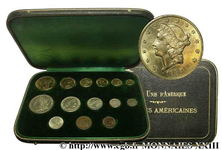 ÉTATS-UNIS D AMÉRIQUE Coffret privé de quatorze monnaies, six en or, six en argent et deux en bronze c.1893  SS 