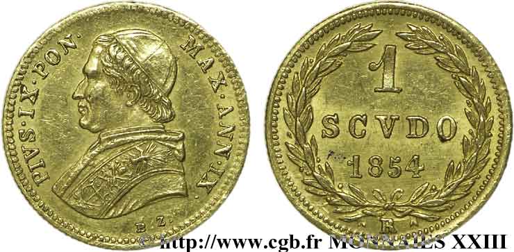 ITALY - PAPAL STATES - PIUS IX (Giovanni Maria Mastai Ferretti) 1 scudo or 1854 Rome AU 