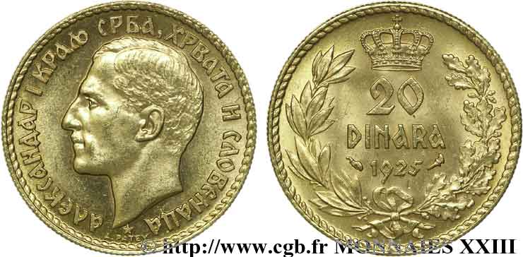 YUGOSLAVIA - KINGDOM OF SERBS, CROATS AND SLOVENES - ALEXANDER I 20 dinara 1925 Paris AU 
