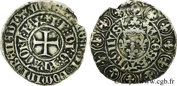 CHARLES VI LE FOU OU LE BIEN AIMÉ Gros aux lis sous une couronne ou grosus turonus 3/11/1413 Châlons-en-Champagne TTB