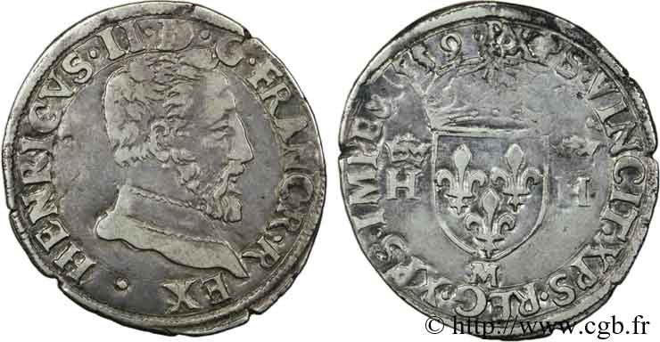 HENRI II (31/03/1547-10/07/1559) OU FRANÇOIS II (10/07/1559-4/12/1560) Demi-teston à la tête nue, 5e type 1559 Toulouse TTB
