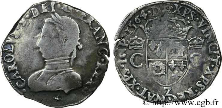 CHARLES IX Teston du Dauphiné 1564 Grenoble VF/XF