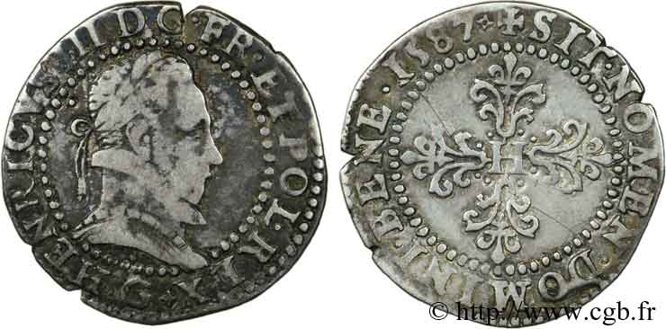 HENRI III Demi-franc au col plat 1587 (1591-1592) Poitiers TB+/TTB
