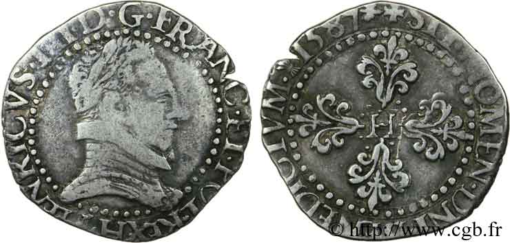 HENRI III Demi-franc au col plat 1587 La Rochelle TB+/TTB