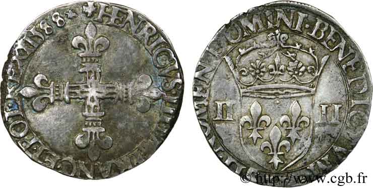 HENRI III Quart d écu, croix de face 1588 La Rochelle TTB+/TTB