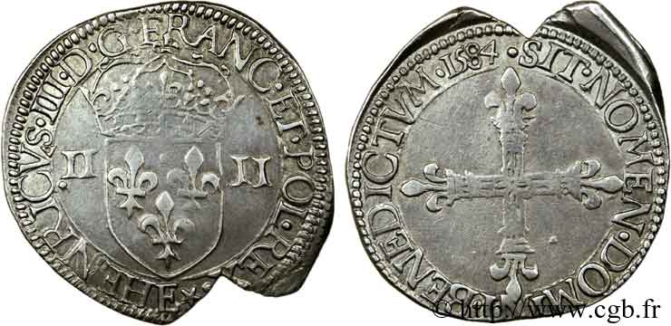 HENRI III Quart d écu, écu de face 1584 Tours TTB+