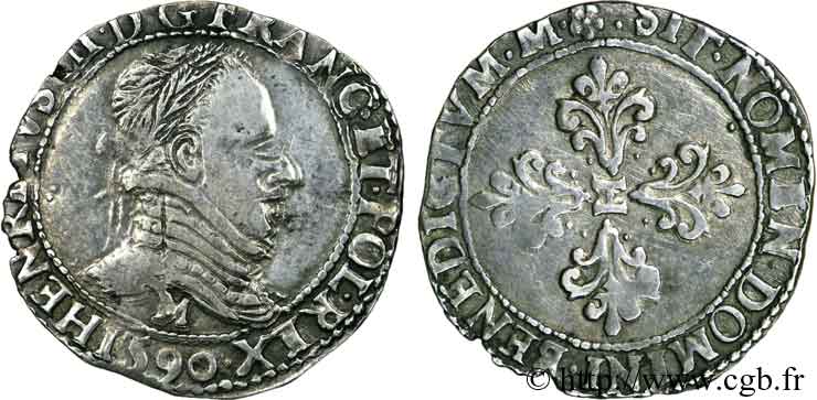 LA LIGUE. MONNAYAGE AU NOM D HENRI III Demi-franc au col plat 1590 Toulouse TTB