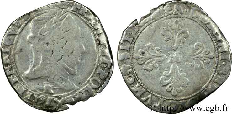 THE LEAGUE. COINAGE IN THE NAME OF HENRY III Demi-franc au col plat 1591 Saint-Lizier F/VF