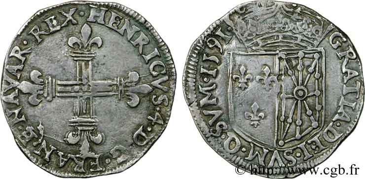 HENRI IV LE GRAND Quart d écu de Navarre, variété sans II-II 1591 Saint-Palais TTB+
