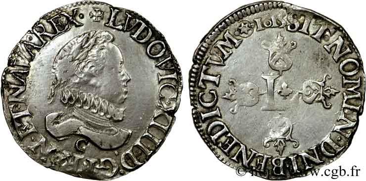 LOUIS XIII LE JUSTE Demi-franc au grand buste lauré et au col fraisé 1615 Saint-Lô TTB+