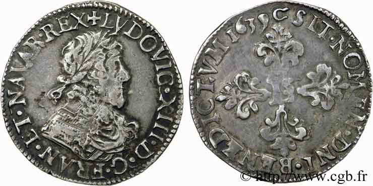 LOUIS XIII  Demi-franc au buste lauré et au grand col orné de Troyes 1639 Troyes MBC
