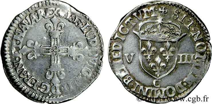 LOUIS XIII  Huitième d écu, à la croix fleurdelisée, titulature côté croix 1613 Saint-Lô SS/fVZ
