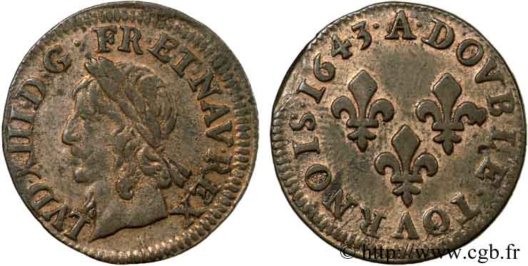 LOUIS XIII  Double tournois, type de Warin 1643 Corbeil VZ